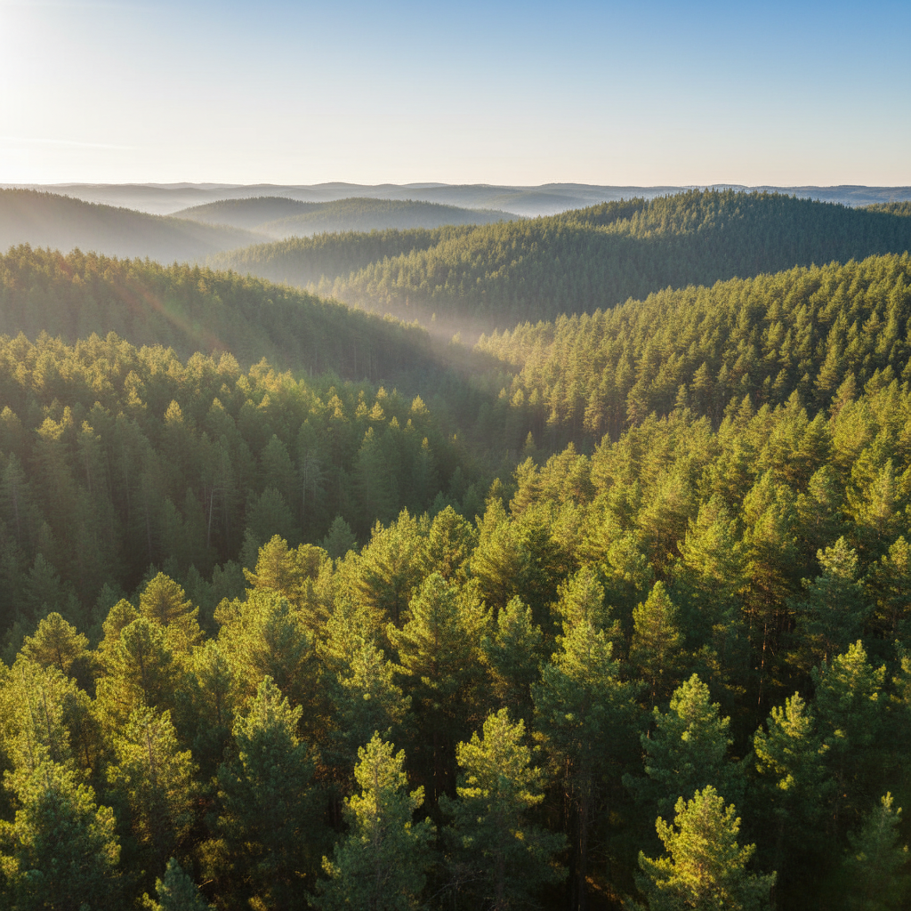 지속 가능한 방식으로 관리되는 광활한 소나무 숲 위로 쏟아지는 밝은 햇살과 푸른 나무들이 어우러져 제지 산업의 친환경적인 원료 공급원을 상징하는 고해상도 풍경 사진