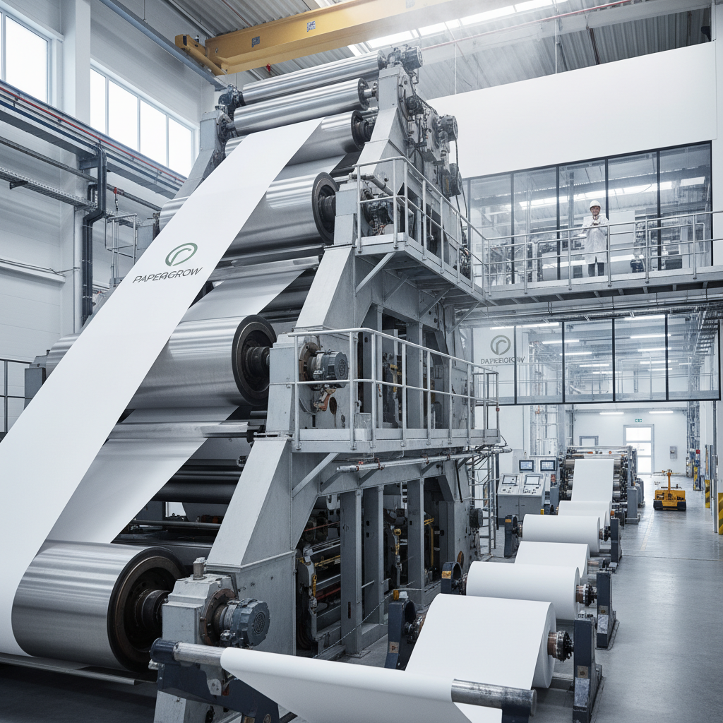 현대적인 제지 공장의 내부 모습으로 거대한 스테인리스 스틸 롤러 사이를 통과하며 끝없이 이어지는 하얀 종이 롤이 깨끗하고 정돈된 산업 현장의 기술력을 보여주는 장면