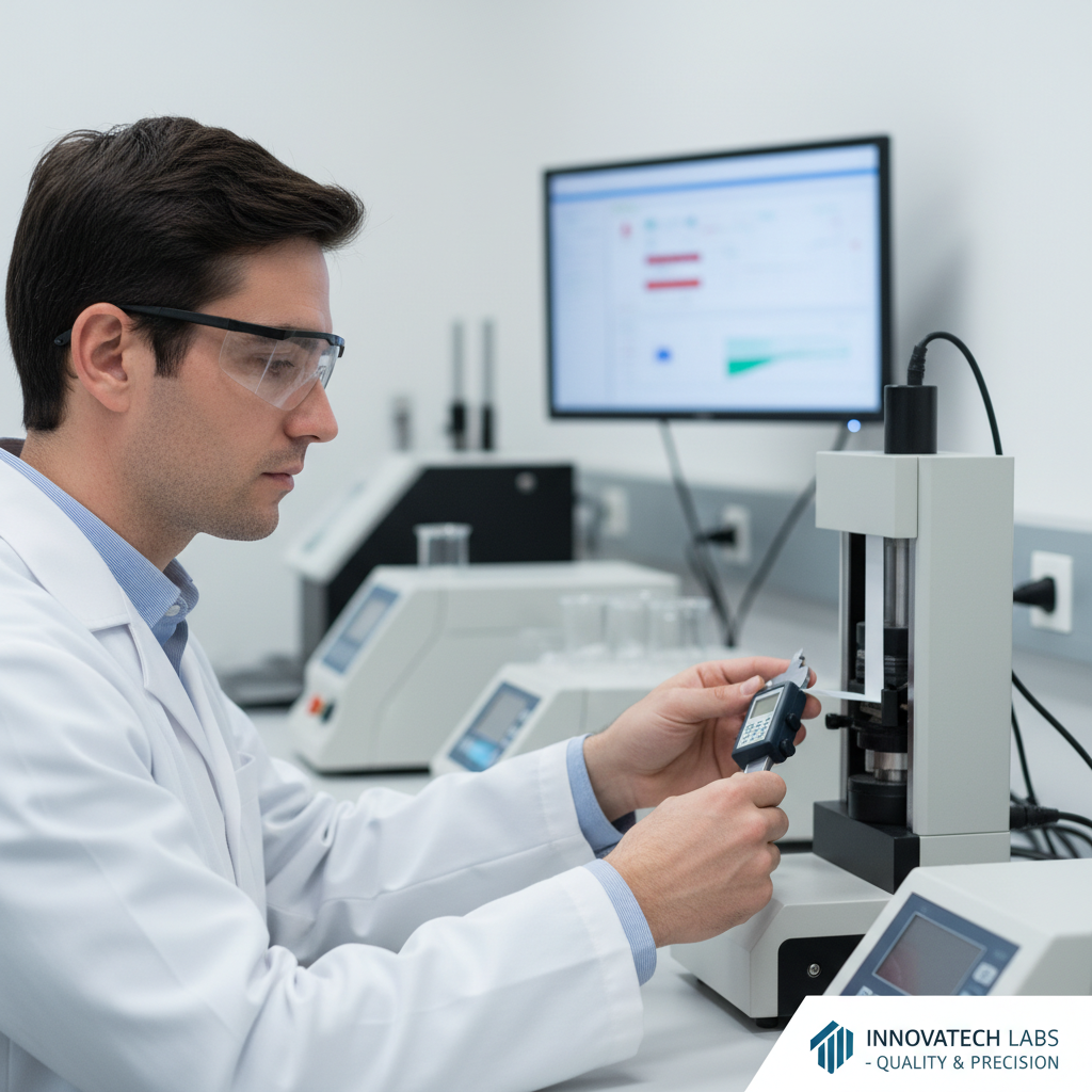 연구실 가운을 입은 전문가가 정밀 측정 장비를 사용하여 종이 샘플의 두께와 인장 강도를 꼼꼼하게 검사하는 고품질의 기업 신뢰도 강조 이미지