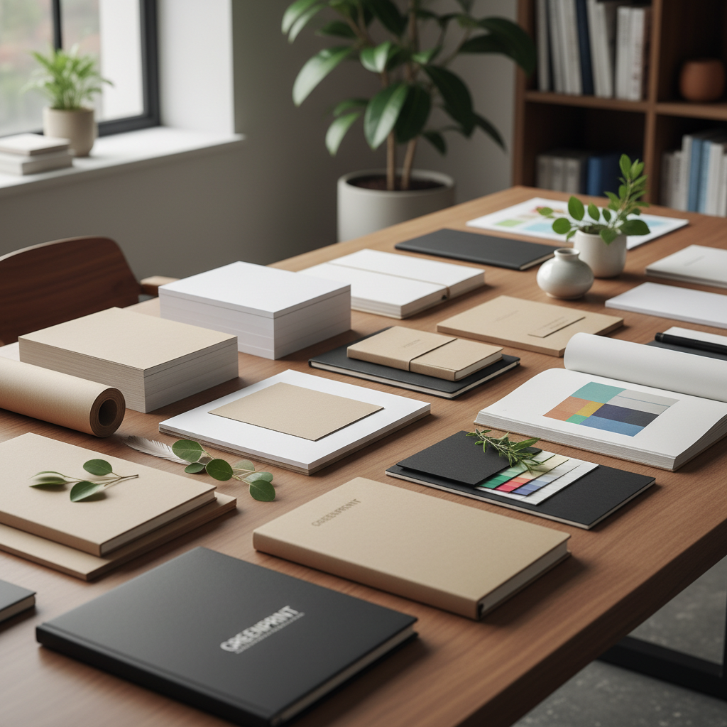 친환경 재생 용지부터 고급 질감의 스테이셔너리, 광택이 나는 잡지용지까지 다양한 종이 제품군이 나무 책상 위에 미학적으로 배치된 고화질 제품 사진