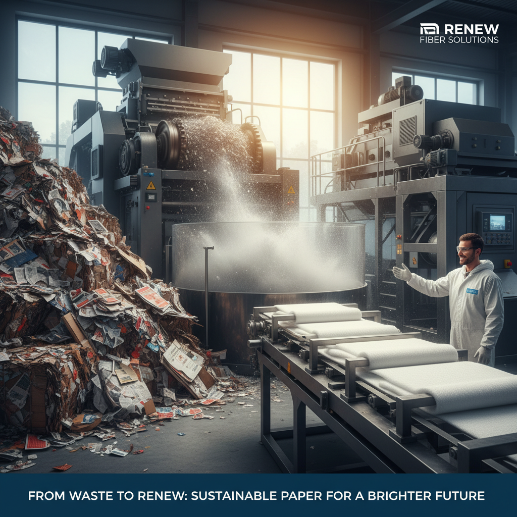 폐지 더미가 고성능 파쇄 및 해섬 과정을 거쳐 깨끗한 재생 펄프로 재탄생하는 과정을 담아 순환 경제를 실천하는 제지 회사의 노력을 강조한 사진