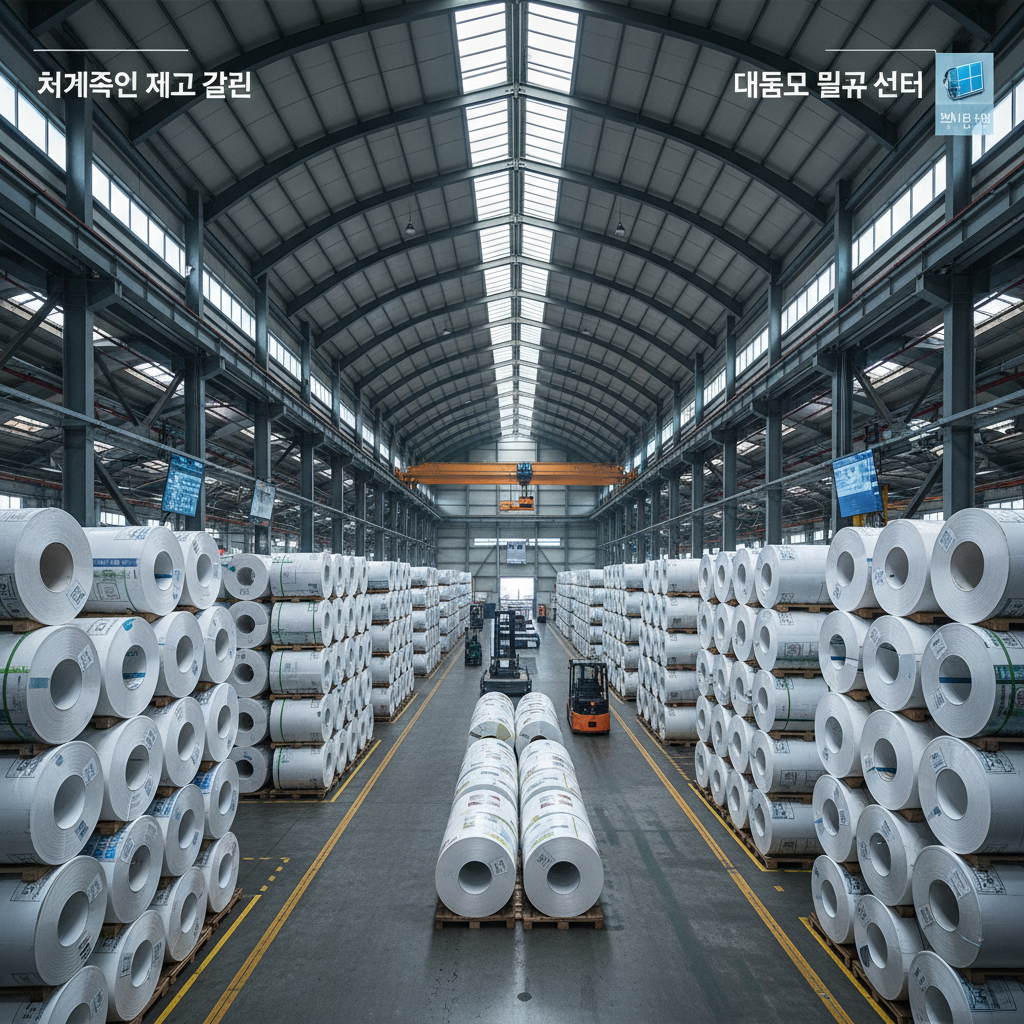 거대한 종이 롤들이 질서 정연하게 수직으로 쌓여 있는 대규모 물류 창고의 모습으로 웅장한 규모감과 체계적인 재고 관리를 보여주는 광각 촬영 이미지