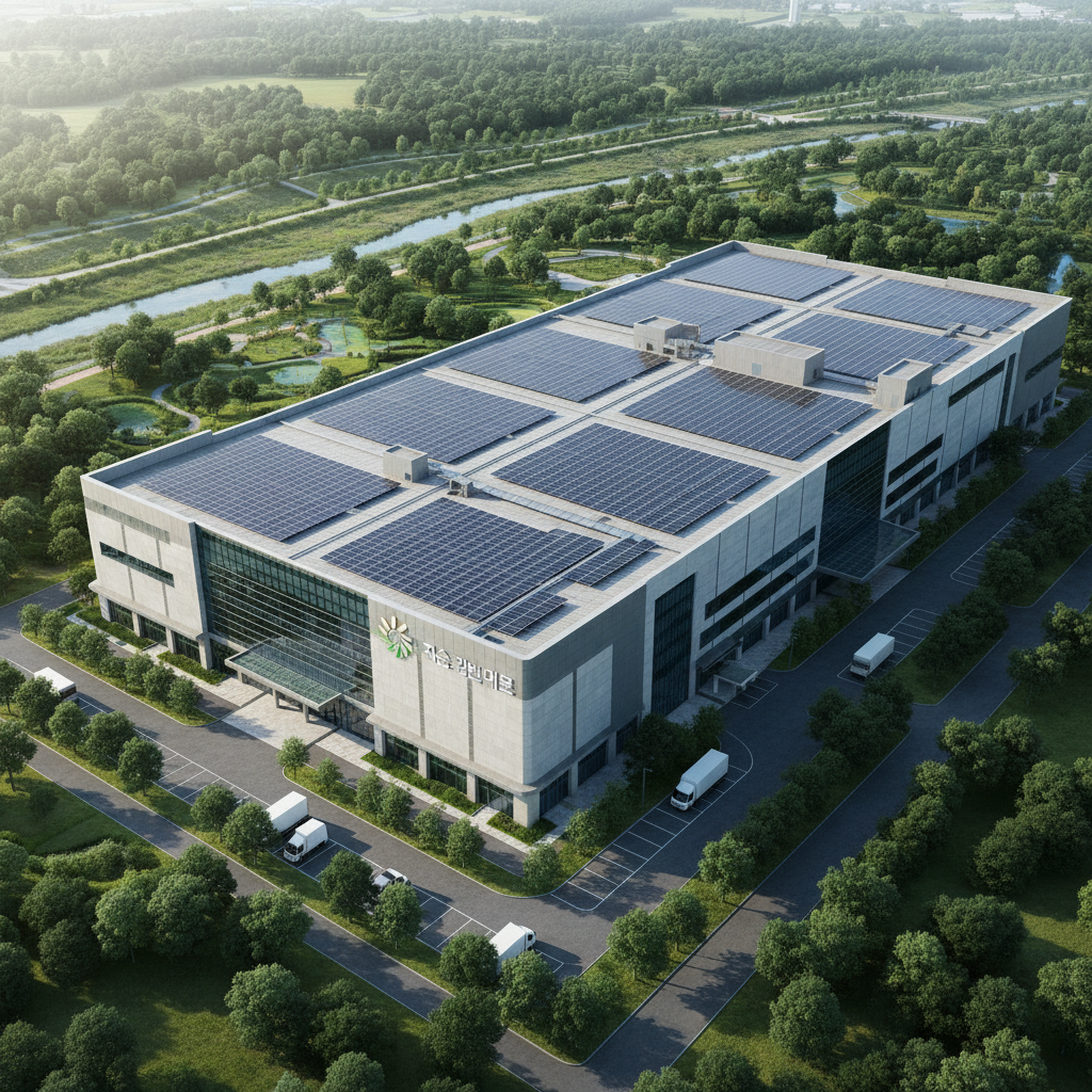 태양광 패널이 설치된 현대적인 제지 공장 건물의 외관과 그 주변을 둘러싼 녹지 공간을 드론으로 촬영하여 지속 가능한 기업 경영 철학을 담은 조감도